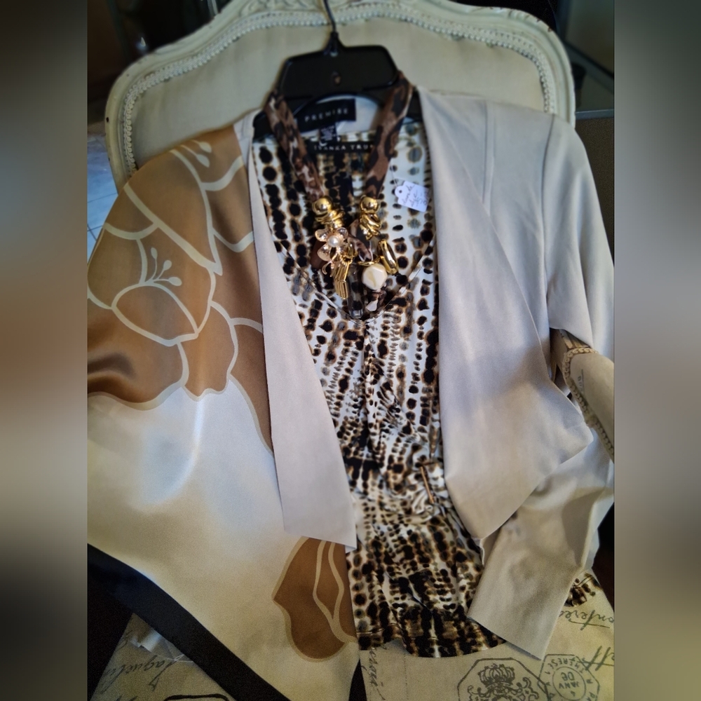 Premisd Beige Jacket and Brown Animal Print Blouse with Necklace